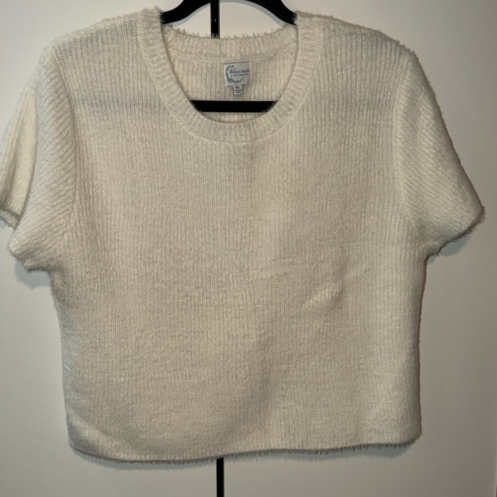 Blue Rain Cream Fuzzy Knit Short Sleeve Top